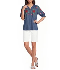 Calessa Embroidered Split Round Neck Elbow Raglan Sleeve Top