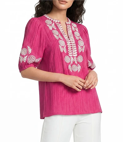 Calessa Embroidered Split V-Neck Elbow Puff Sleeve Tunic