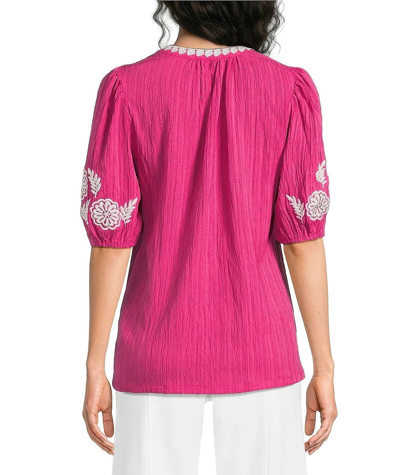 Calessa Embroidered Split V-Neck Elbow Puff Sleeve Tunic