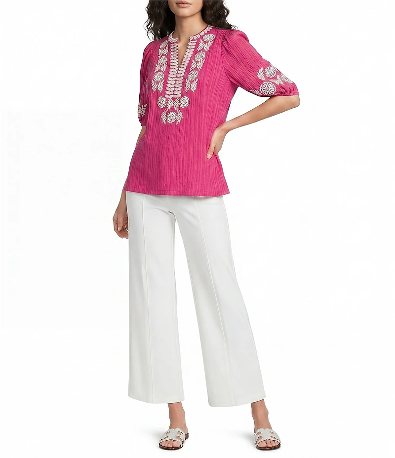 Calessa Embroidered Split V-Neck Elbow Puff Sleeve Tunic