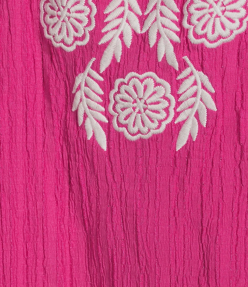 Calessa Embroidered Split V-Neck Elbow Puff Sleeve Tunic