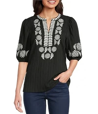 Calessa Embroidered Split Round Neck Elbow Puff Sleeve Tunic