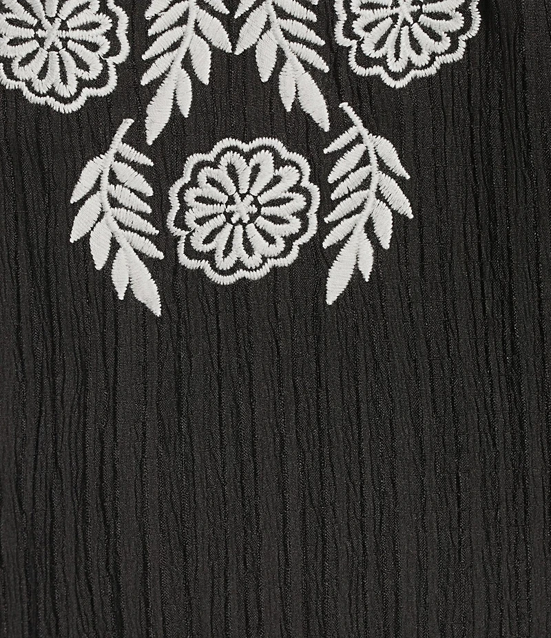 Calessa Embroidered Split Round Neck Elbow Puff Sleeve Tunic