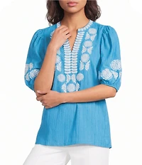 Calessa Embroidered Split V-Neck Elbow Puff Sleeve Tunic