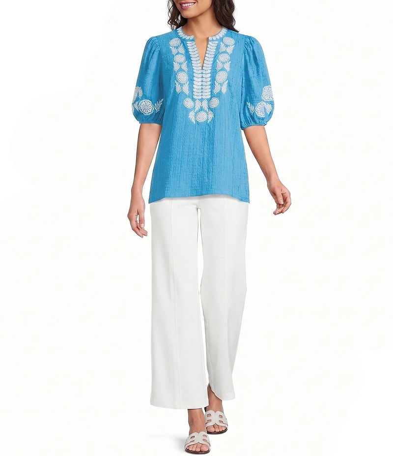 Calessa Embroidered Split V-Neck Elbow Puff Sleeve Tunic