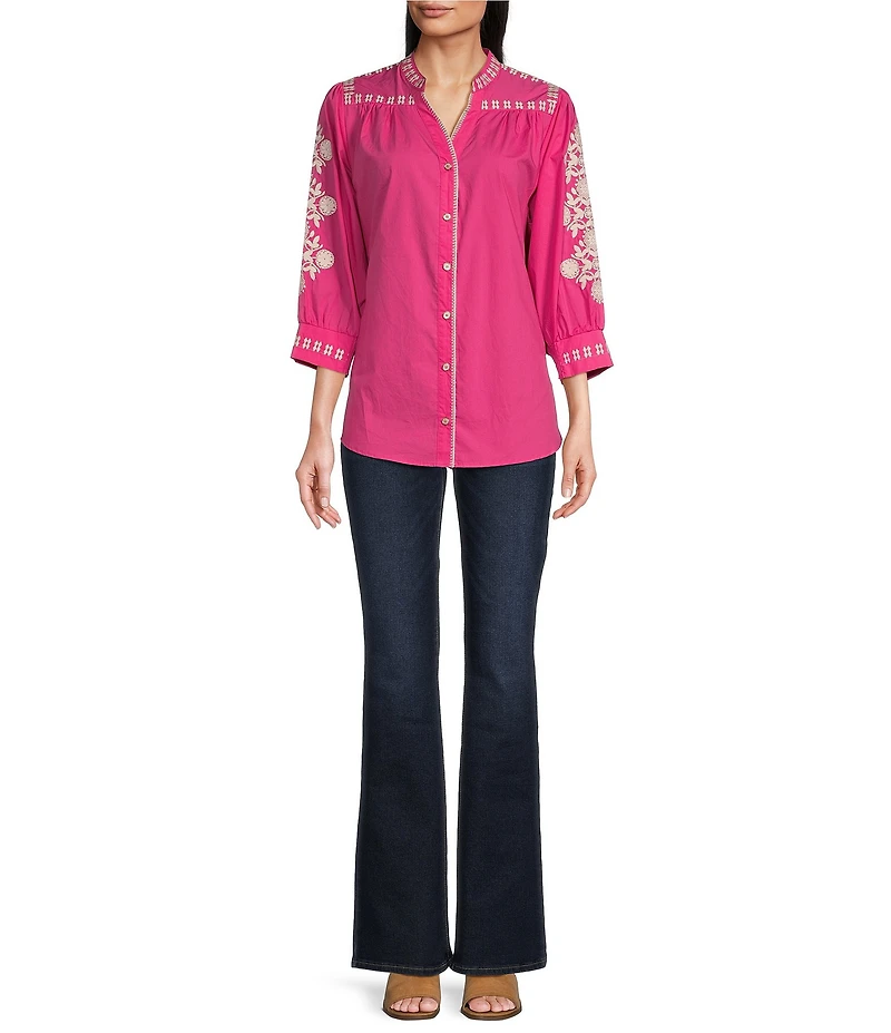Calessa Embroidered Split V-Neck 3/4 Sleeve Button Front Shirt