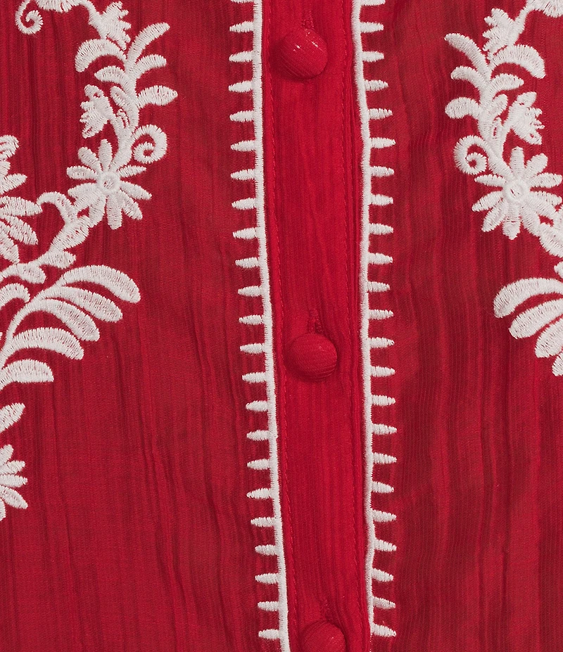 Calessa Embroidered Split Ruffle V-Neck Shoulder 3/4 Sleeve Button Front Tunic