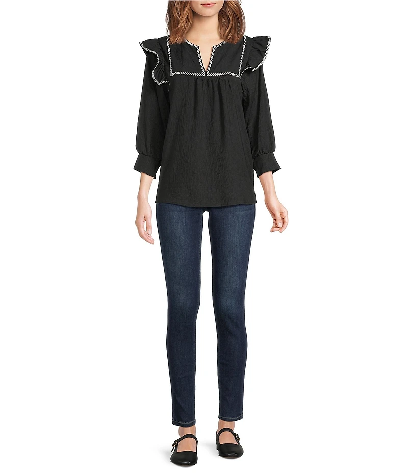 Calessa Embroidered Contrast Cross Stitch Split V-Neck 3/4 Sleeve Tunic