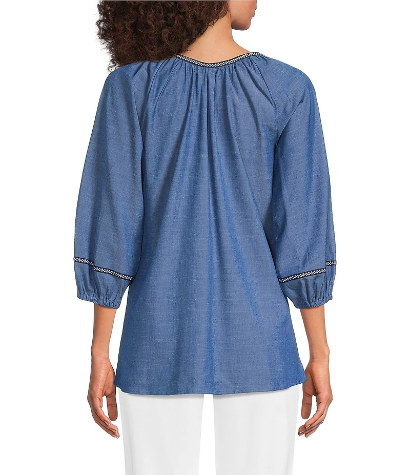 Calessa Embroidered Split V-Neck 3/4 Sleeve Tunic