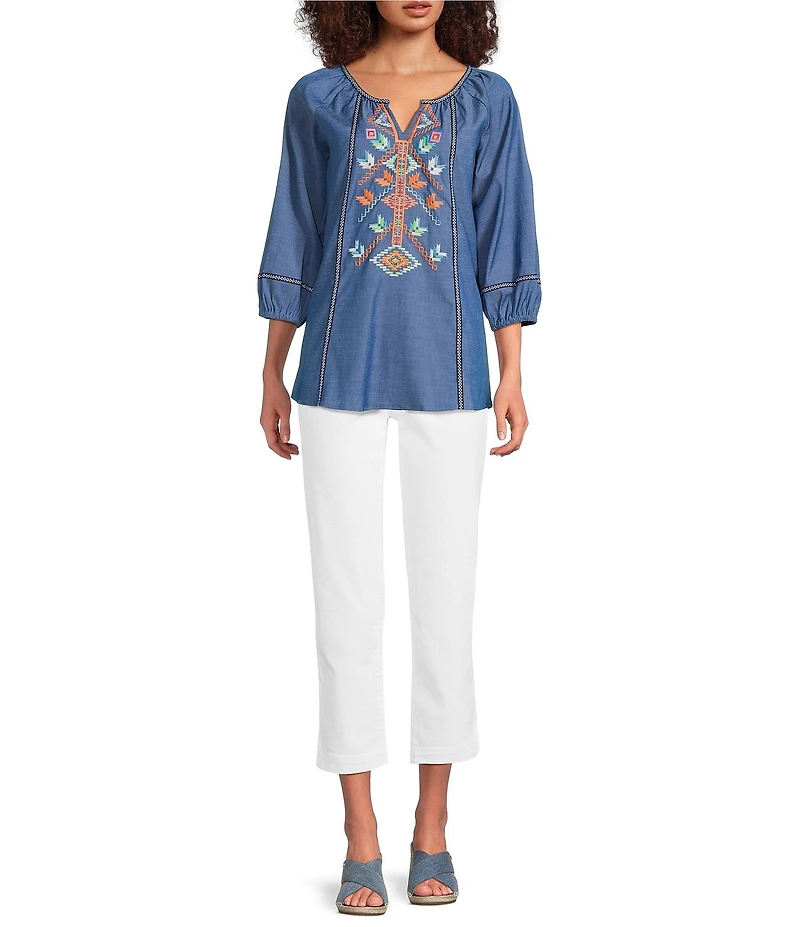 Calessa Embroidered Split V-Neck 3/4 Sleeve Tunic