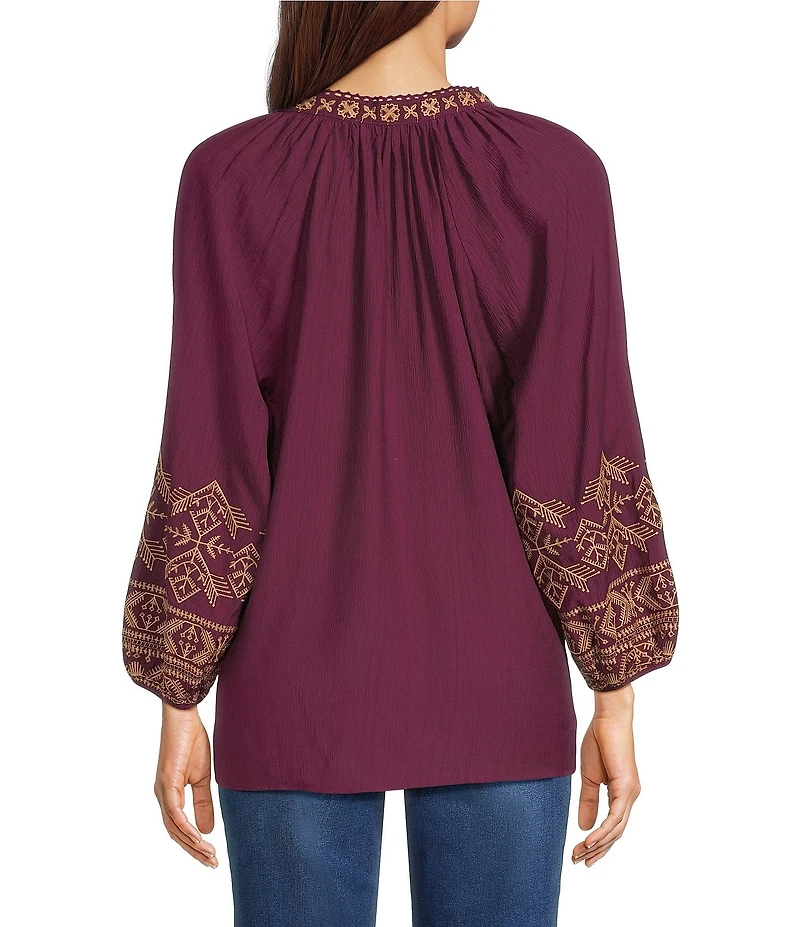 Calessa Embroidered Split V-Neck Bracelet Sleeve Tunic