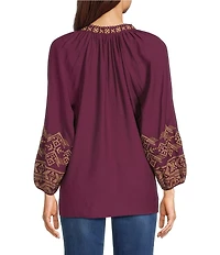 Calessa Embroidered Split V-Neck Bracelet Sleeve Tunic
