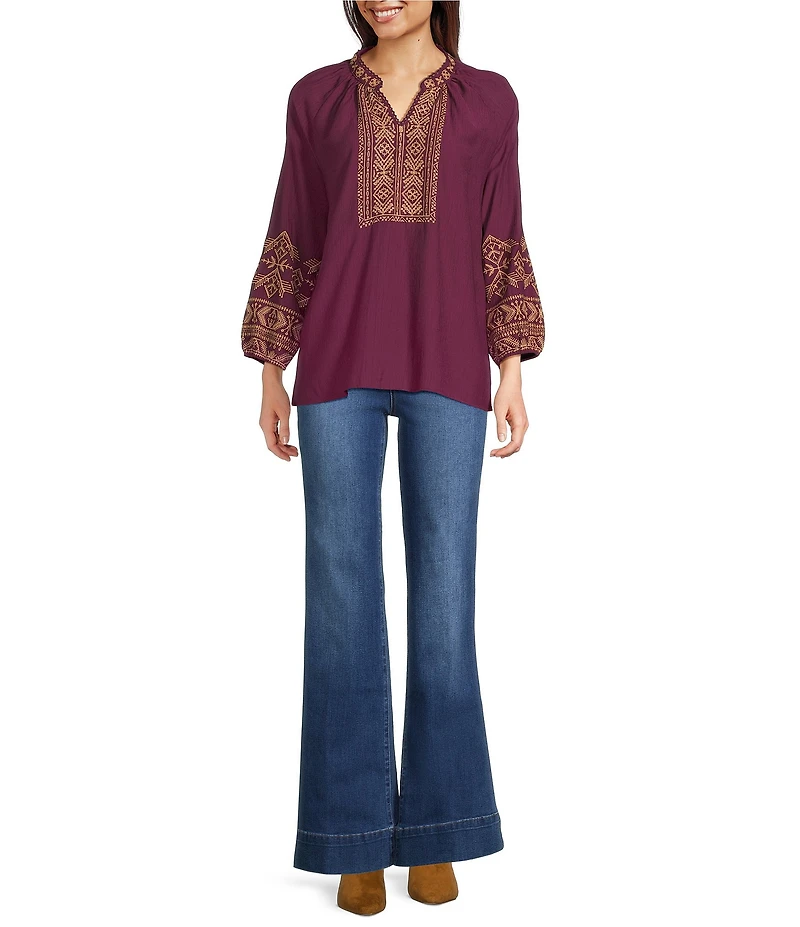 Calessa Embroidered Split V-Neck Bracelet Sleeve Tunic