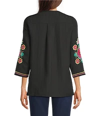 Calessa Embroidered Split V-Neck 3/4 Sleeve Tunic