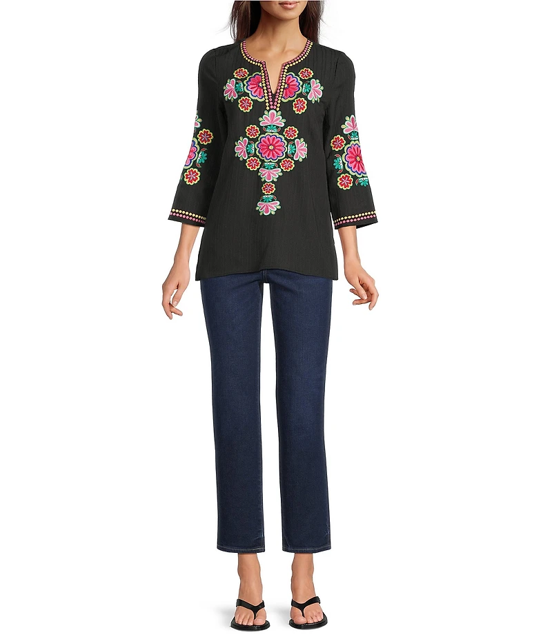 Calessa Embroidered Split V-Neck 3/4 Sleeve Tunic