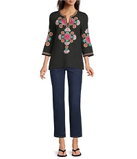 Calessa Embroidered Split V-Neck 3/4 Sleeve Tunic