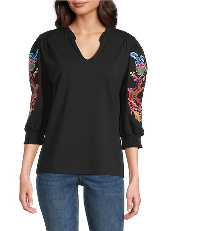 Calessa Embroidered Split V-Neck Balloon Sleeve Tunic