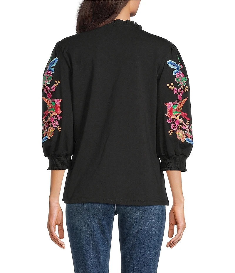 Calessa Embroidered Split V-Neck Balloon Sleeve Tunic