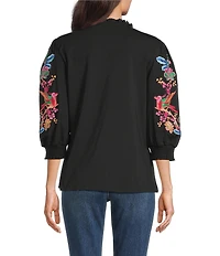 Calessa Embroidered Split V-Neck Balloon Sleeve Tunic