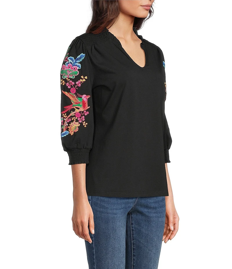 Calessa Embroidered Split V-Neck Balloon Sleeve Tunic