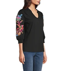 Calessa Embroidered Split V-Neck Balloon Sleeve Tunic