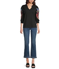 Calessa Embroidered Split V-Neck Balloon Sleeve Tunic