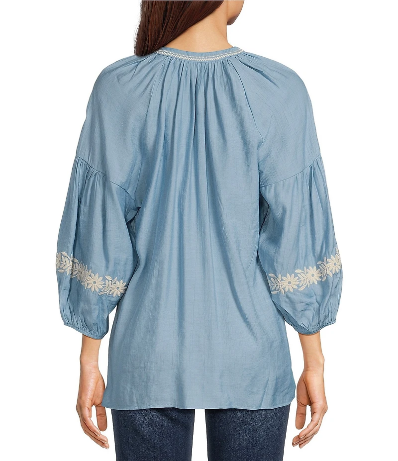 Calessa Embroidered Split V-Neck Bubble Sleeve Tunic