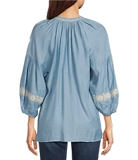 Calessa Embroidered Split V-Neck Bubble Sleeve Tunic