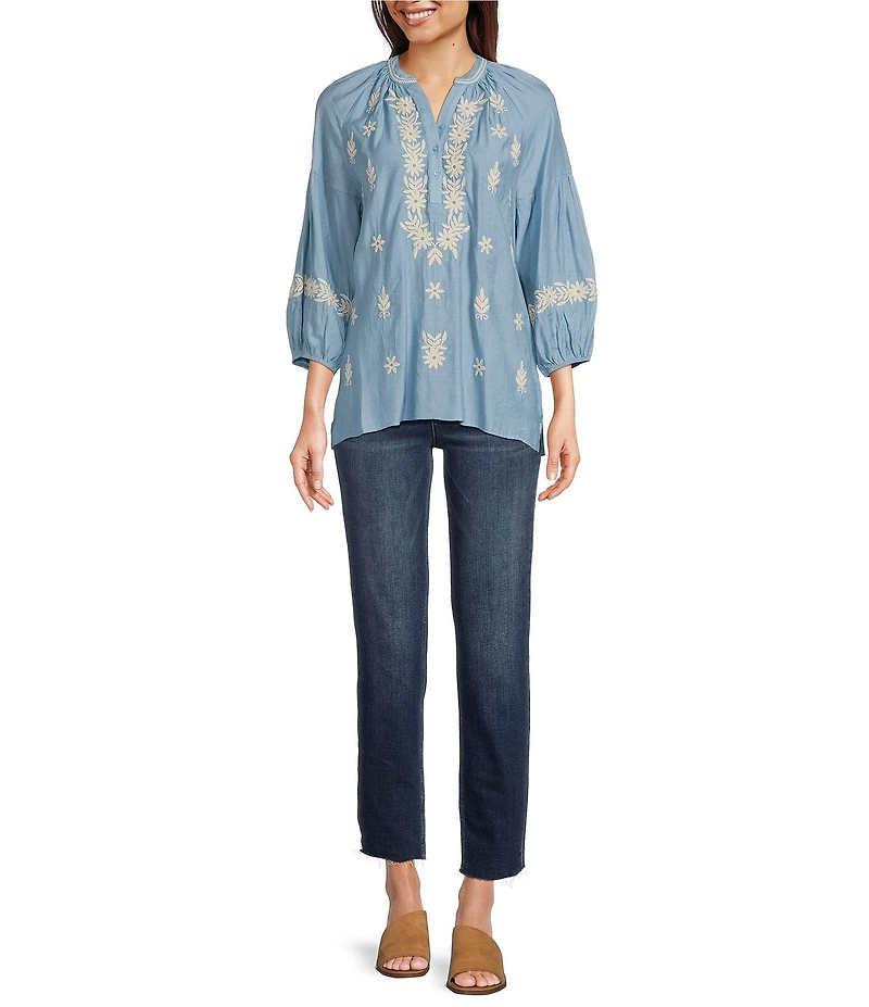 Calessa Embroidered Split V-Neck Bubble Sleeve Tunic
