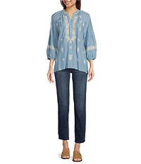 Calessa Embroidered Split V-Neck Bubble Sleeve Tunic