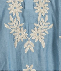 Calessa Embroidered Split V-Neck Bubble Sleeve Tunic
