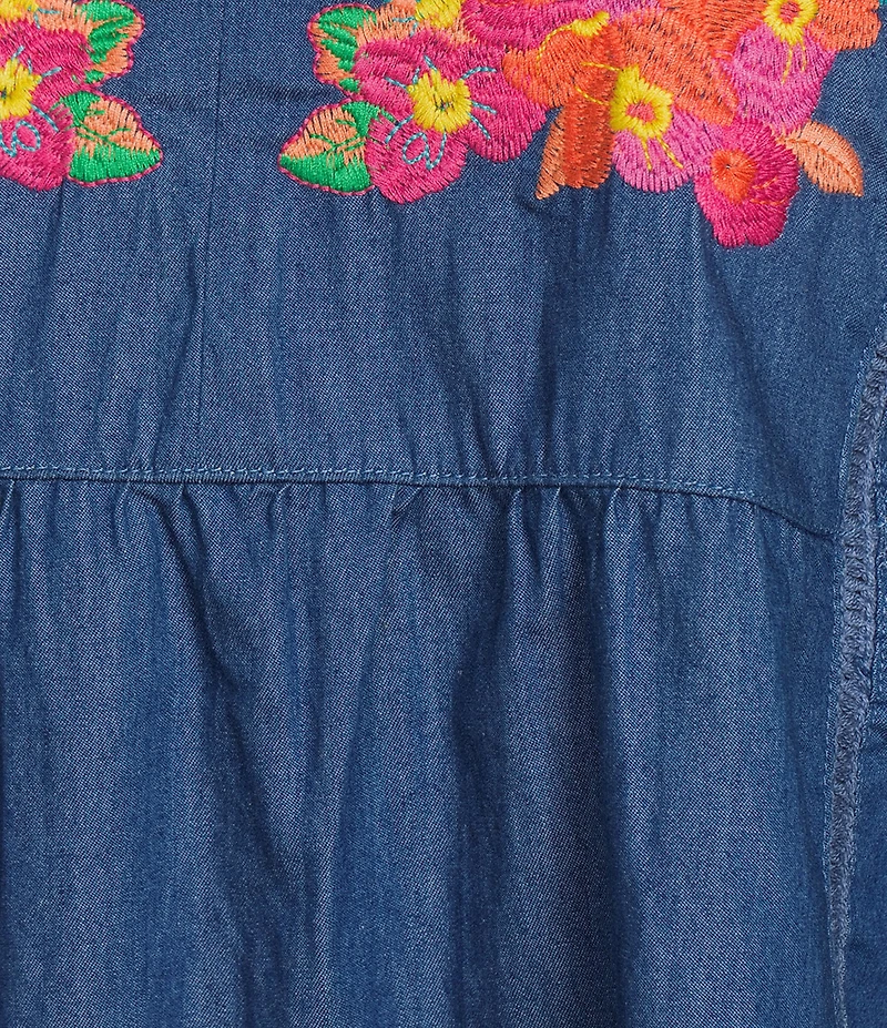 Calessa Embroidered Split V-Neck Cap Sleeve Tunic