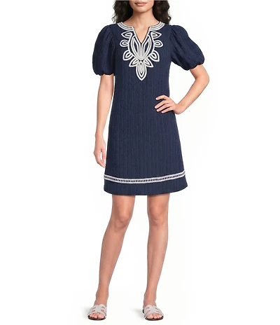 Calessa Embroidered Split V-Neck Elbow Balloon Sleeve Shift Dress