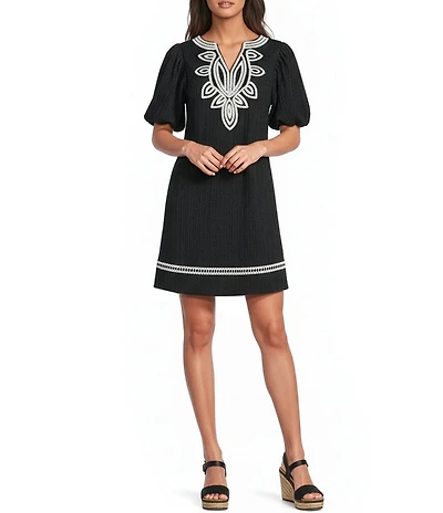Calessa Embroidered Split V-Neck Elbow Balloon Sleeve Shift Dress