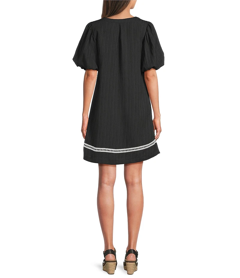 Calessa Embroidered Split V-Neck Elbow Balloon Sleeve Shift Dress