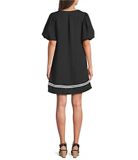 Calessa Embroidered Split V-Neck Elbow Balloon Sleeve Shift Dress