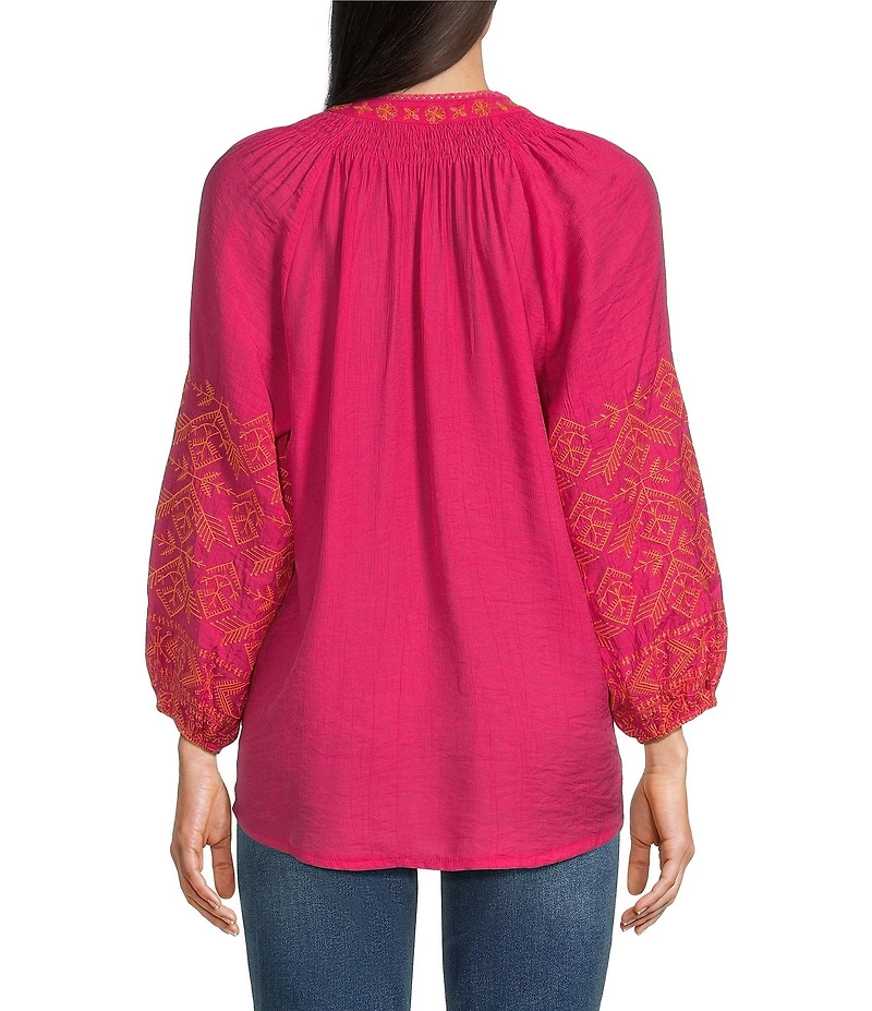 Calessa Embroidered Print Pattern Split V-Neck Long Sleeve Tunic