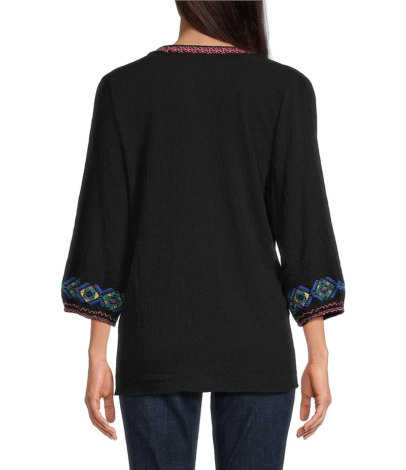 Calessa Embroidered Split V-Neck Long Sleeve Tunic