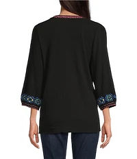 Calessa Embroidered Split V-Neck Long Sleeve Tunic