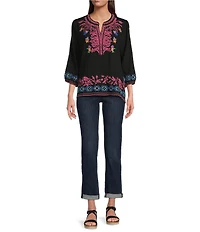 Calessa Embroidered Split V-Neck Long Sleeve Tunic