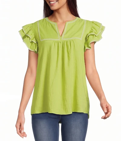 Calessa Embroidered Split V-Neck Ruffle Cap Sleeve Tunic
