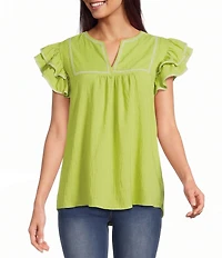 Calessa Embroidered Split V-Neck Ruffle Cap Sleeve Tunic