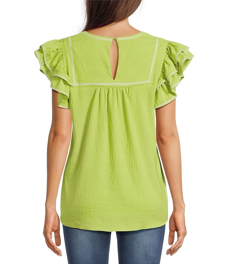 Calessa Embroidered Split V-Neck Ruffle Cap Sleeve Tunic