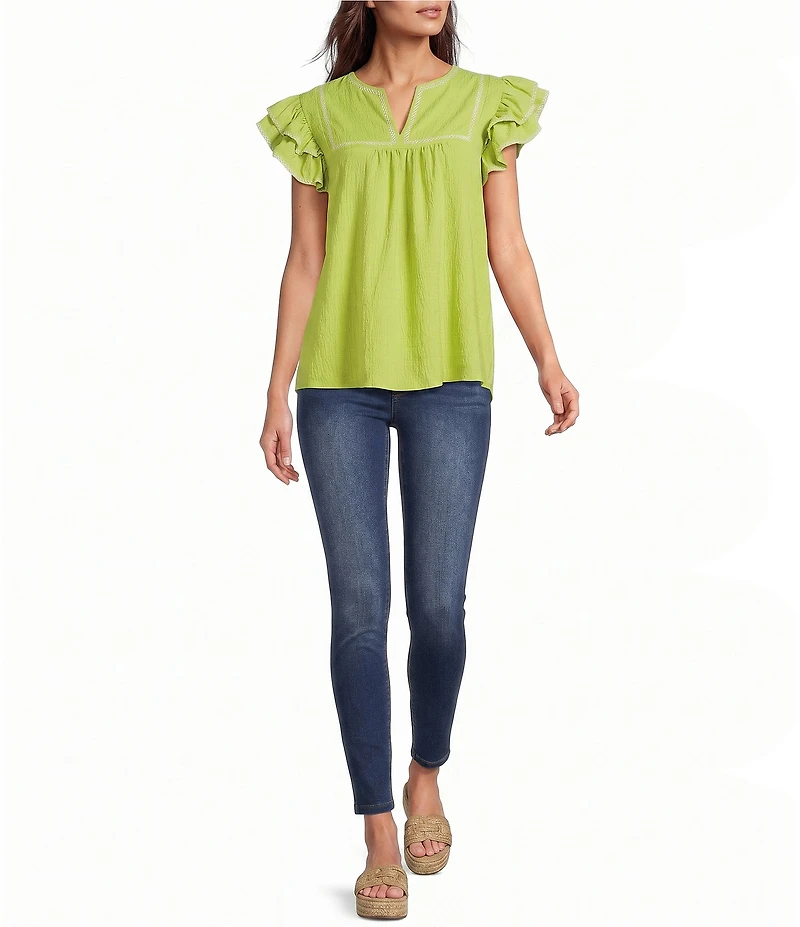 Calessa Embroidered Split V-Neck Ruffle Cap Sleeve Tunic