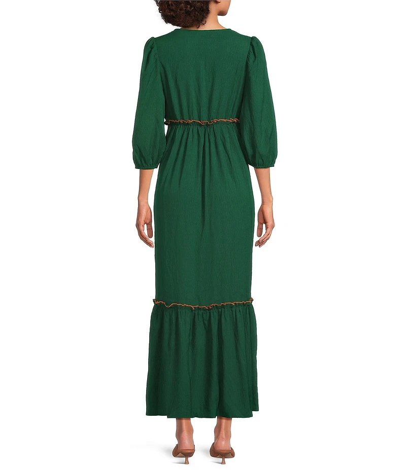 Calessa Embroidered Split V-Neck Short Balloon Sleeve Empire Waist Midi Dress