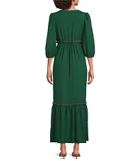 Calessa Embroidered Split V-Neck Short Balloon Sleeve Empire Waist Midi Dress