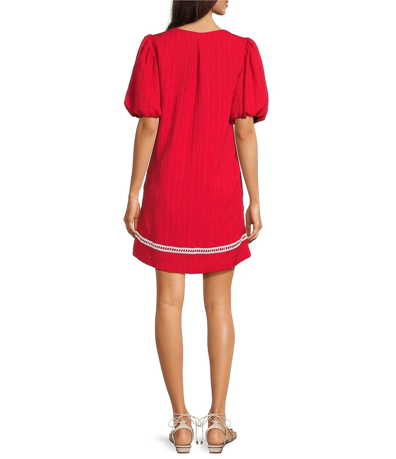 Calessa Embroidered Split V-Neck Short Puff Sleeve Shift Dress