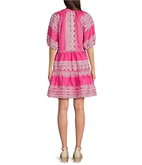 Calessa Embroidered Split V-Neck Short Puff Sleeve Shift Dress