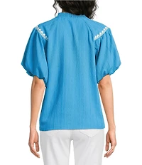 Calessa Embroidered Split V-Neck Short Raglan Puff Sleeve Tunic