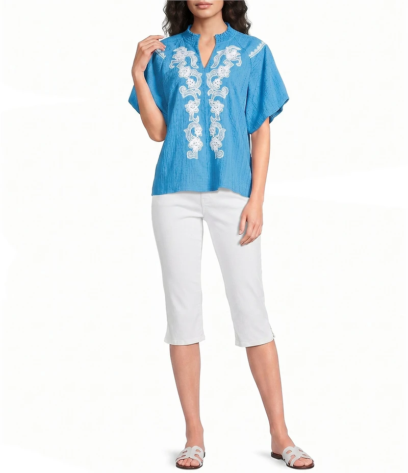 Calessa Embroidered Split V-Neck Short Raglan Puff Sleeve Tunic